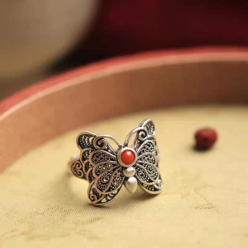Silver-tone adjustable butterfly open ring for women - Main product view