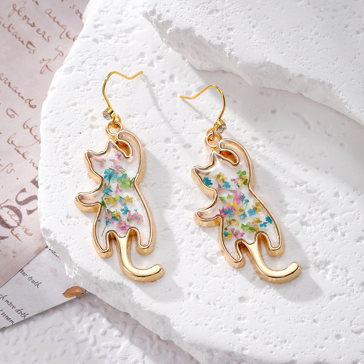 Floral animal dangle earrings with kitten and polar bear designs - Product view 2