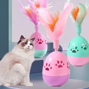 Plastic tumbler bell cat toy with hollow footprint details and feathers - Main product view