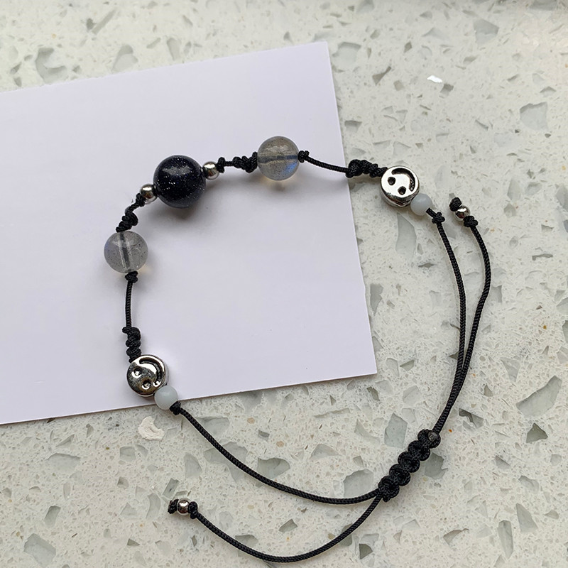 Black thin single-loop crystal beaded bracelet with smiley face detailing - Product view 5