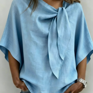 Light blue women's linen blouse with knot tie V-neck and batwing short sleeves - Main product view