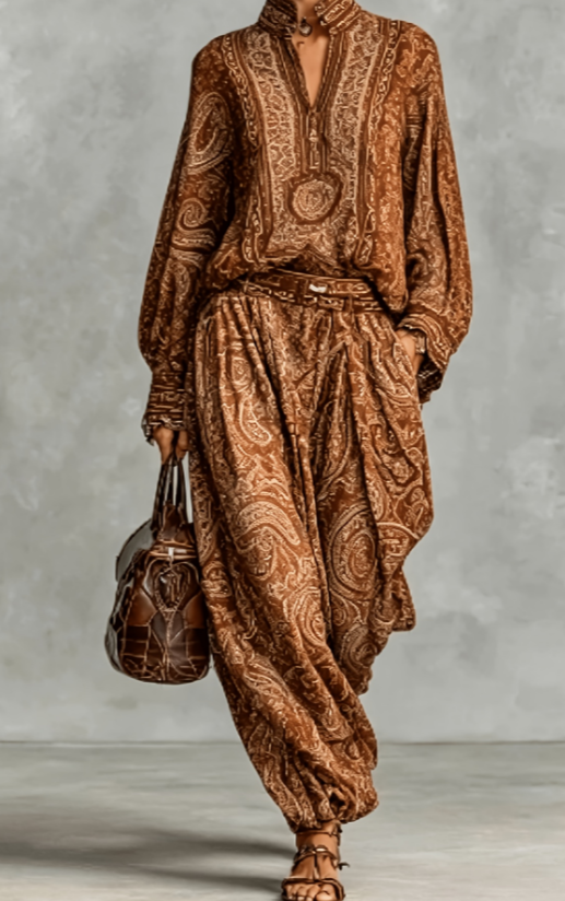 Women's paisley print loose blouse and matching harem pants set - Product view 2