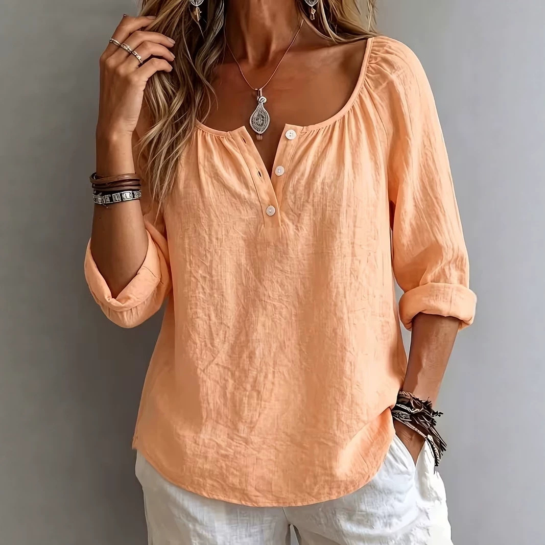 Women's casual cotton-linen V-neck long-sleeve pullover top in a solid color - Product view 6