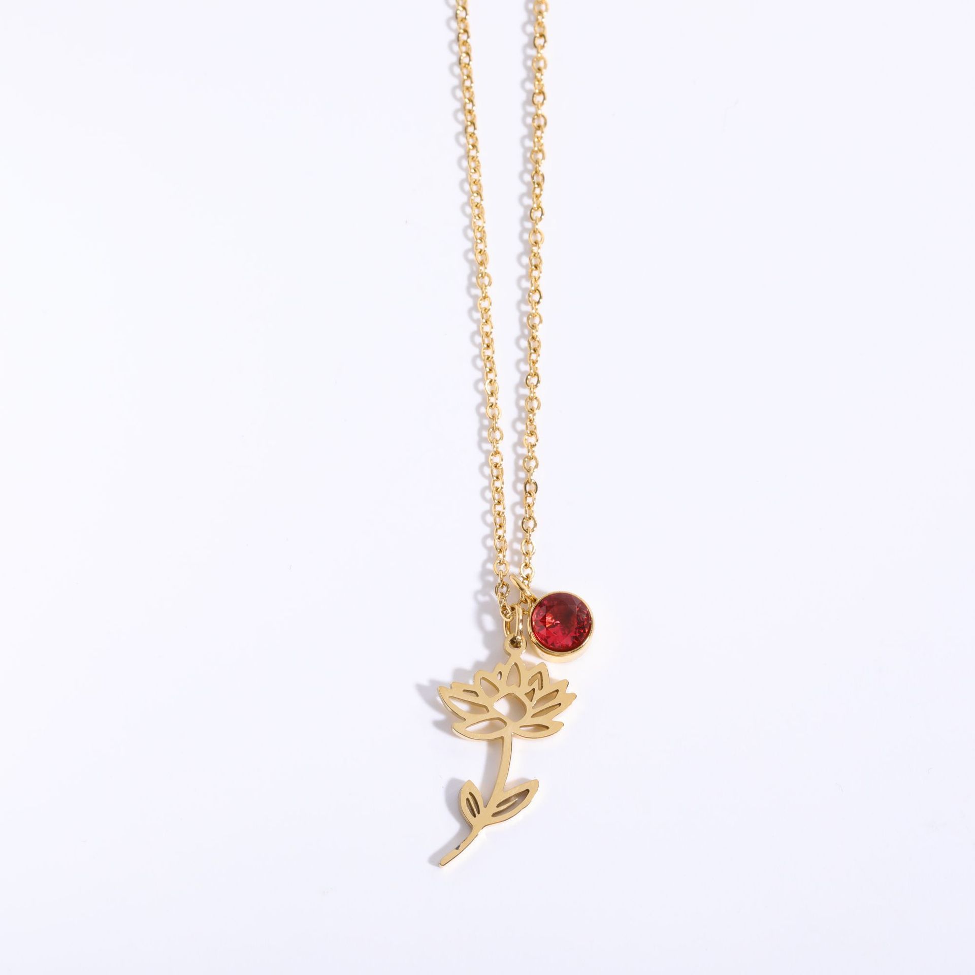 Minimalist floral birthstone necklace with titanium steel pendant and chain - Product view 6