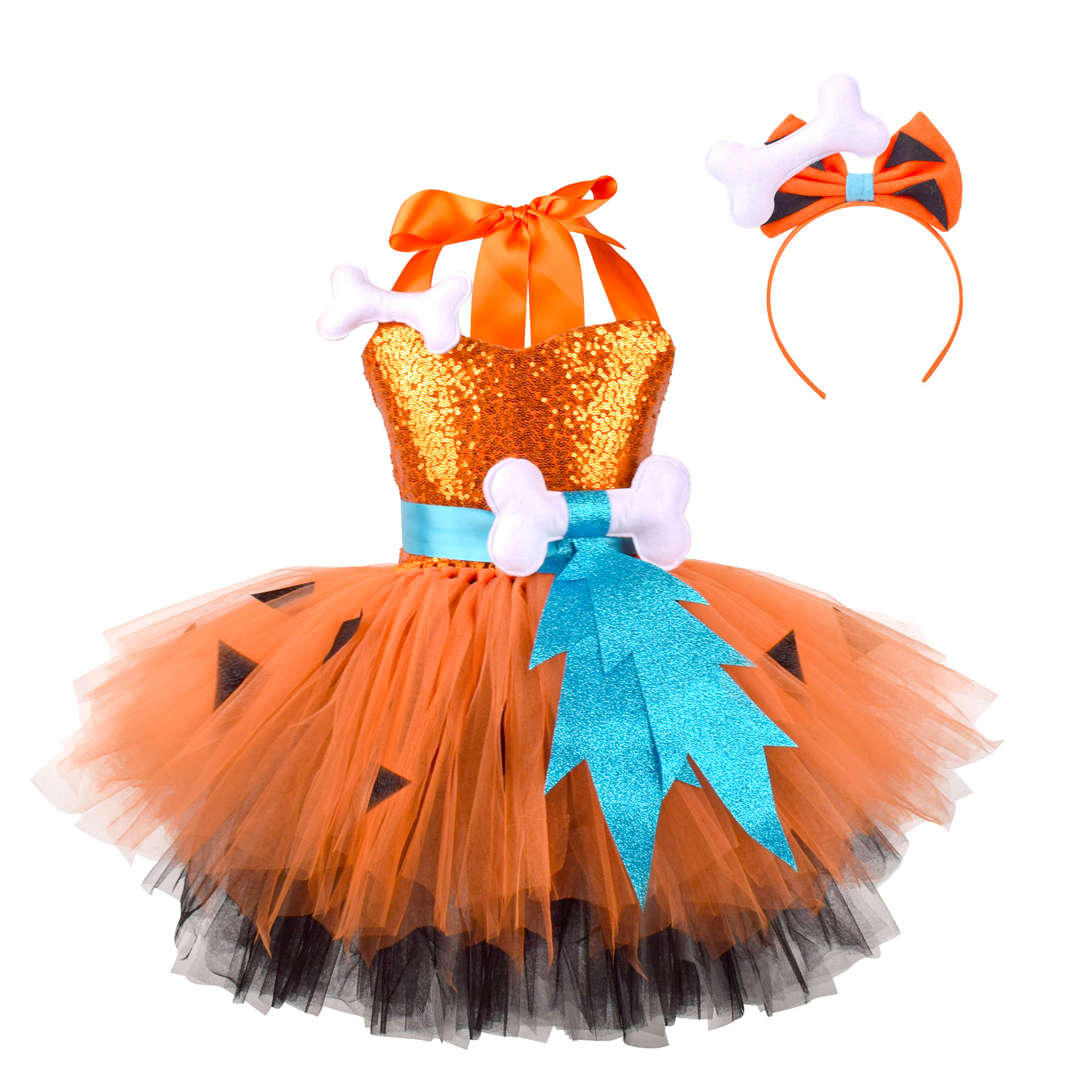 Girls' sequin dress with matching headwear in orange or black - Product view 2