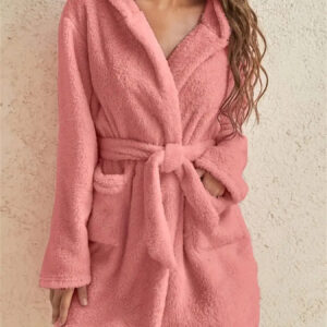 Women's hooded faux fur teddy coat with pockets and belt - Main product view
