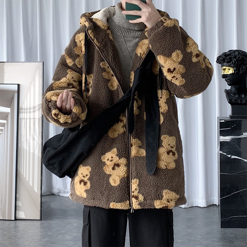 Cotton Coat Full Print Bear Sweater - Product view 2 Men's loose-fit hooded bear print plush zipper jacket - Product view 2