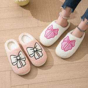 Warm cotton indoor slippers with bow detail and non-slip sole - Main product view