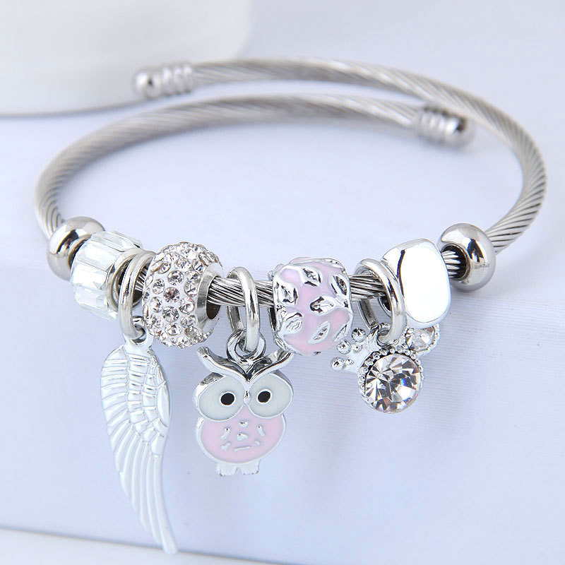 Beaded owl angel wings pendant steel alloy bracelet - Product view 1