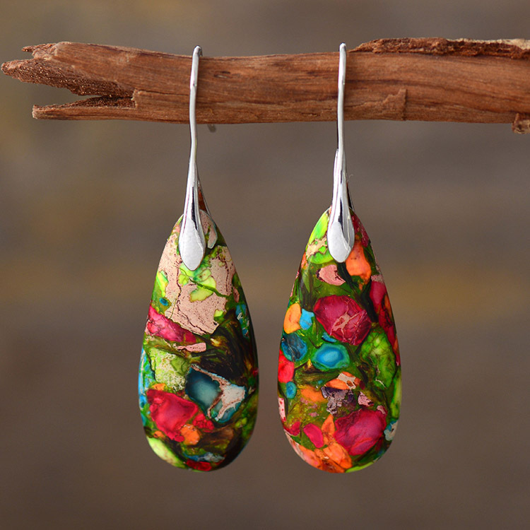 Bohemian emperor stone water drop pendant earrings with moon and pattern details - Main product view