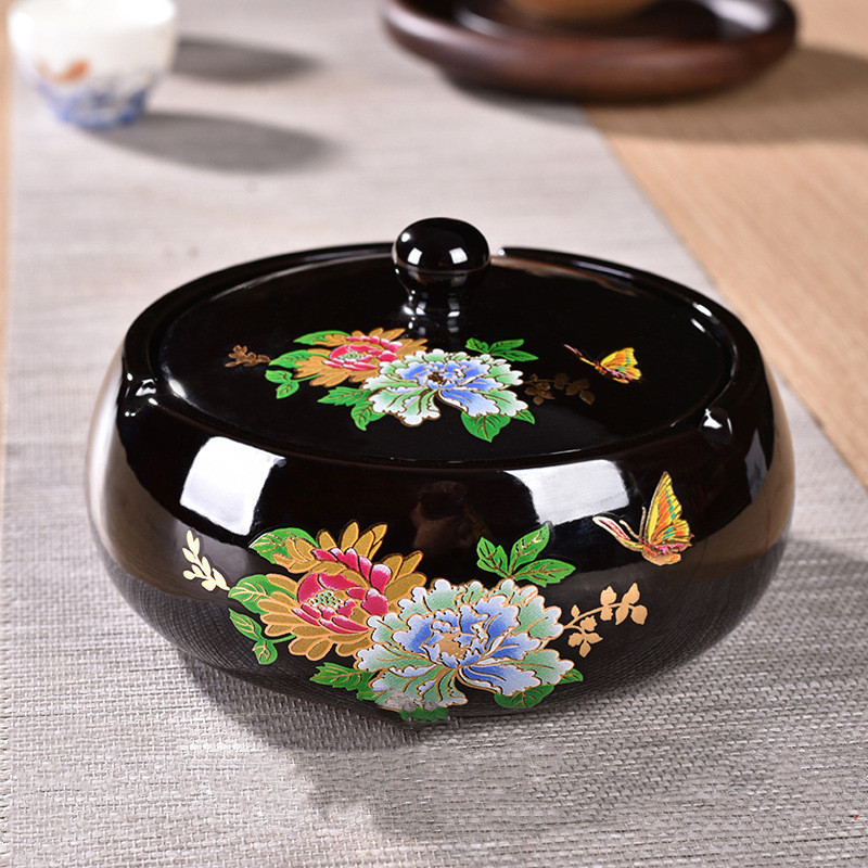 Decorative ceramic ashtray with floral and fortune-inspired designs - Product view 4
