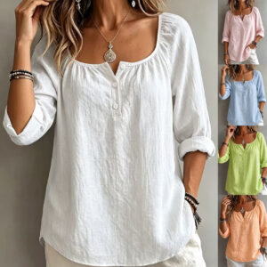 Women's casual cotton-linen V-neck long-sleeve pullover top in a solid color - Main product view
