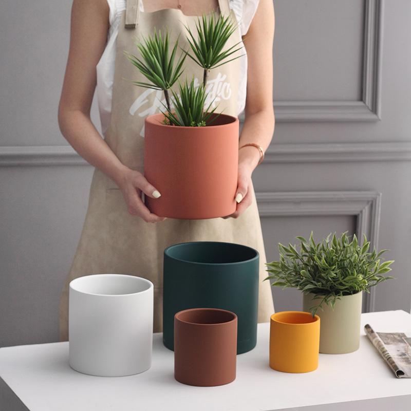 Colorful cylindrical Nordic ceramic flower pot with bottom drainage hole - Main product view