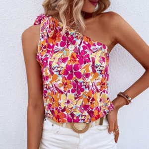 Floral print one-shoulder knot blouse with keyhole neckline - Main product view