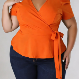 Women’s puff-sleeve wrap V-neck top with drawstring waist - Main product view