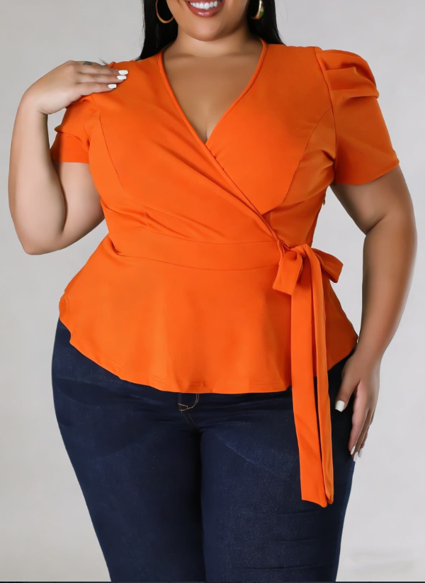Women’s puff-sleeve wrap V-neck top with drawstring waist - Main product view