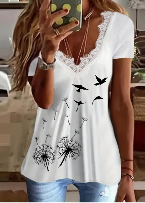 Color-block short-sleeve T-shirt with lace detailing and dandelion print - Product view 2