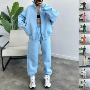 Women's casual two-piece jogger tracksuit with zip-up stand-up collar top and drawstring trousers - Main product view