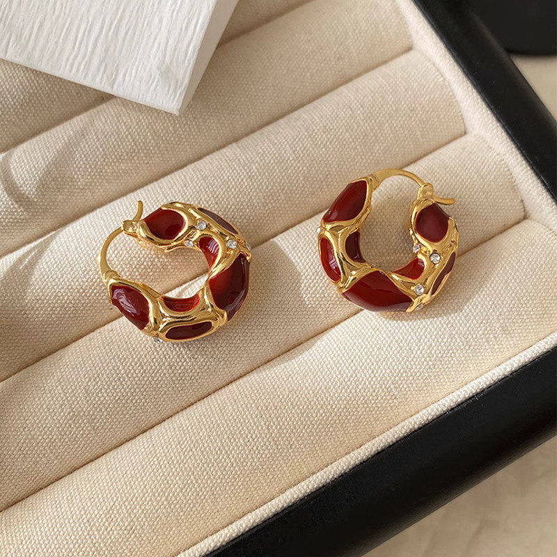 Small geometric enamel color metal hoop earrings for women - Red