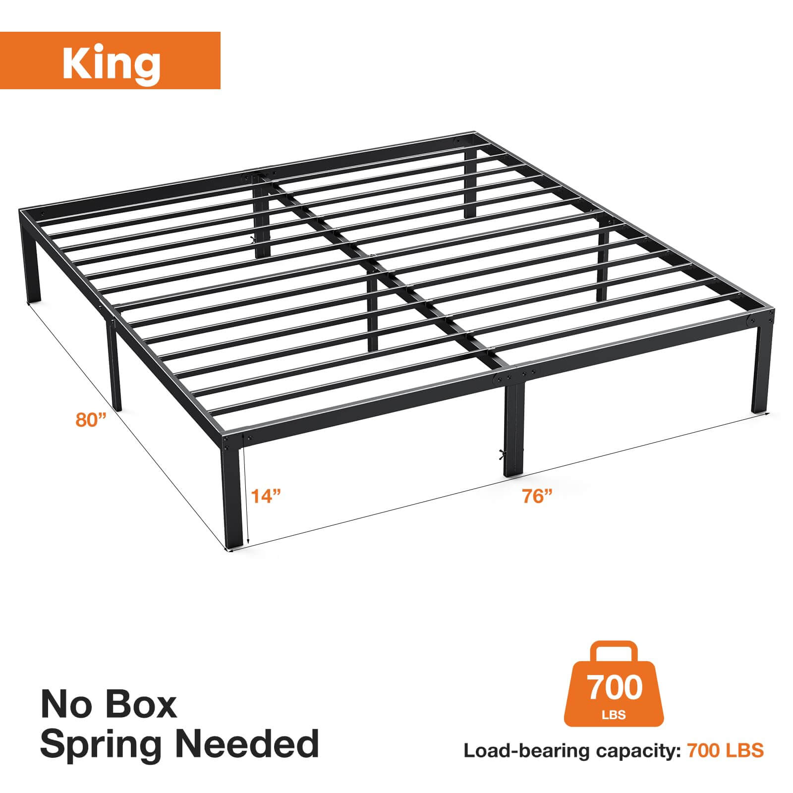 Heavy-duty metal bed frame with slatted base and under-bed storage clearance - King