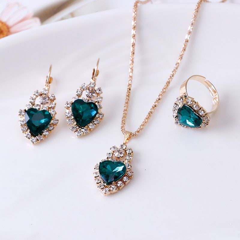 Water drop rhinestone necklace, earrings and ring set in multiple colors - Heart Green