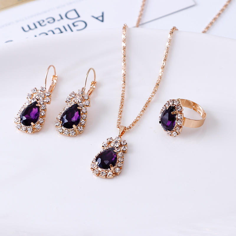 Water drop rhinestone necklace, earrings and ring set in multiple colors - Dark purple
