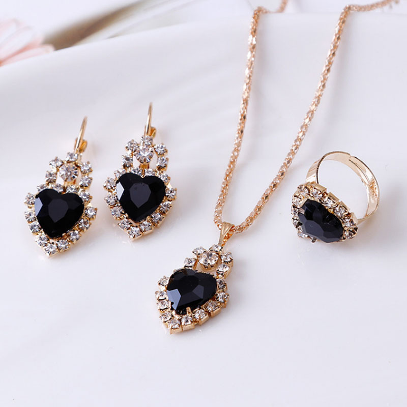 Water drop rhinestone necklace, earrings and ring set in multiple colors - Heart balck