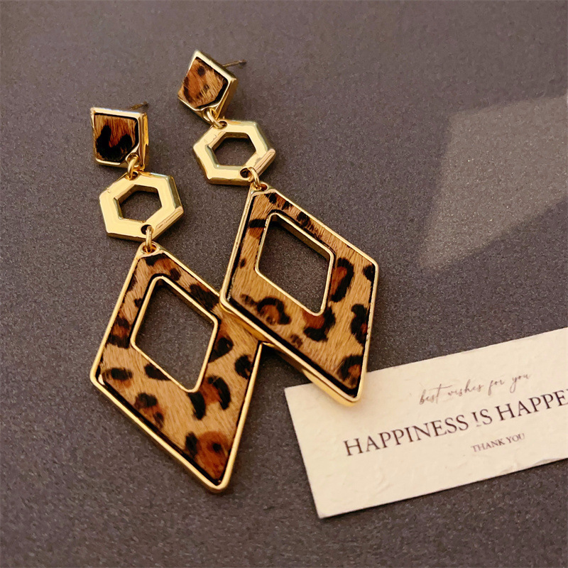 Vintage coffee brown geometric alloy earrings with silver-tone needles - Silver Rhombus