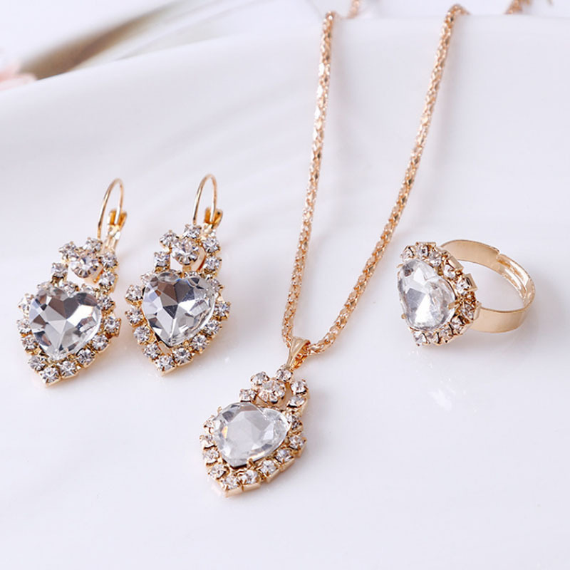 Water drop rhinestone necklace, earrings and ring set in multiple colors - Heart white