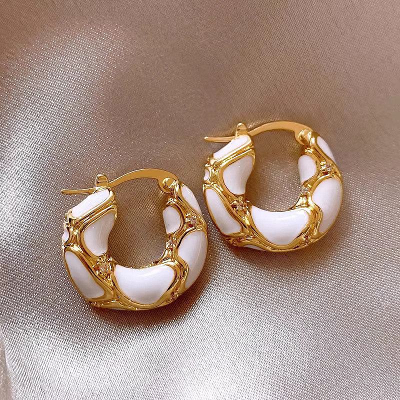 Small geometric enamel color metal hoop earrings for women - White
