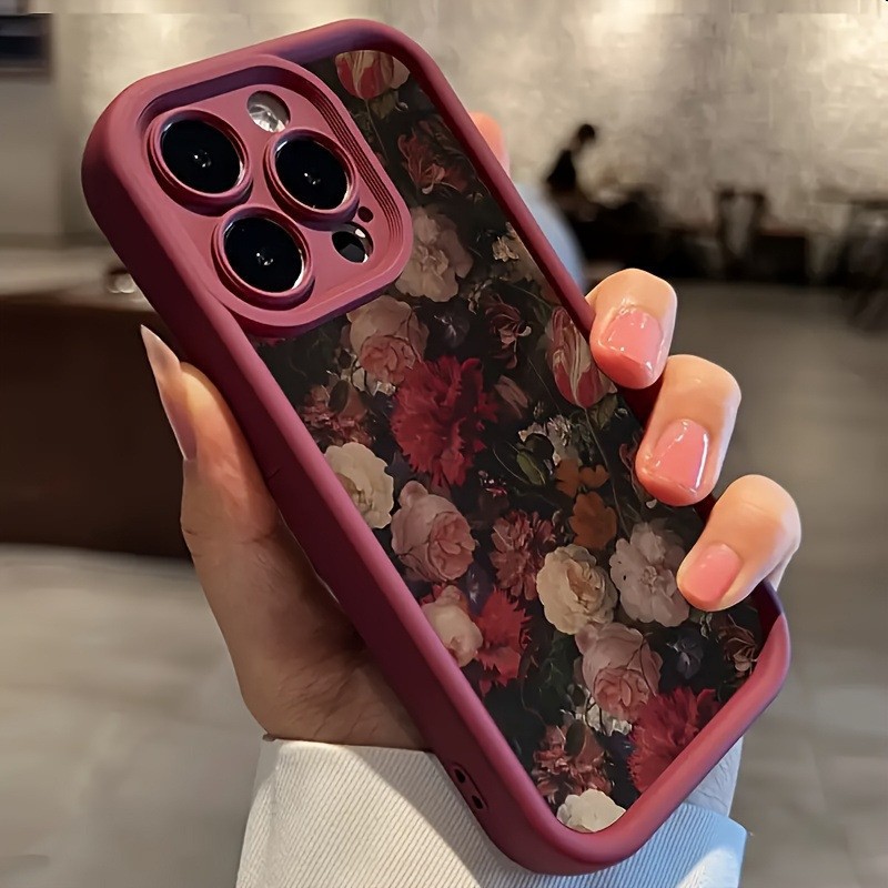 Wine-red frosted soft TPU phone case with rose, bamboo and ladder-inspired design - Wine Red-Apple 16PROMAX