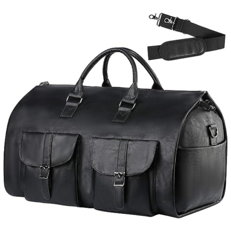 Portable folding PU leather travel bag with 36–55L capacity - Black-56cmu00d733cmu00d732cm