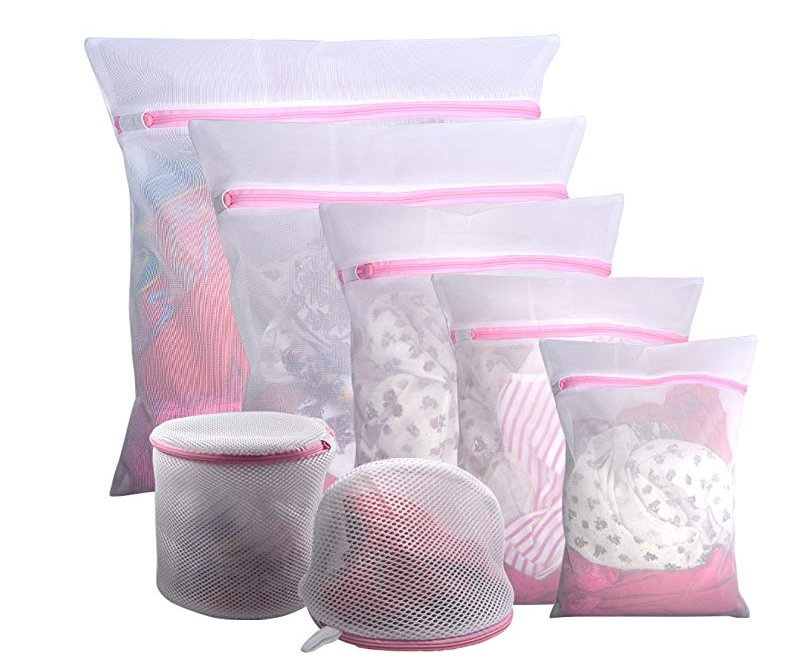 White nylon mesh laundry bags for delicates, underwear and shapewear - 7piece set