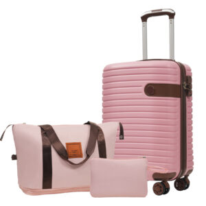 Pink 3-piece carry-on luggage set with ABS suitcase, weekender bag, and toiletry bag - Main product view