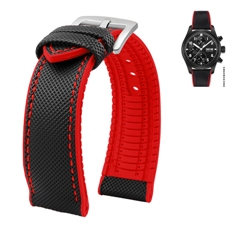 Nylon rubber watch strap with colored thread and buckle options - Black And Red-20mm-Steel color