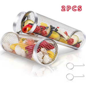 Two extra-large rotating stainless steel mesh grill baskets - Main product view
