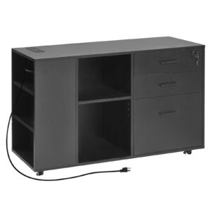 3 Drawer Wooden File Cabinet Mobile Filing Cabinet With Power Strip Black - Main product view