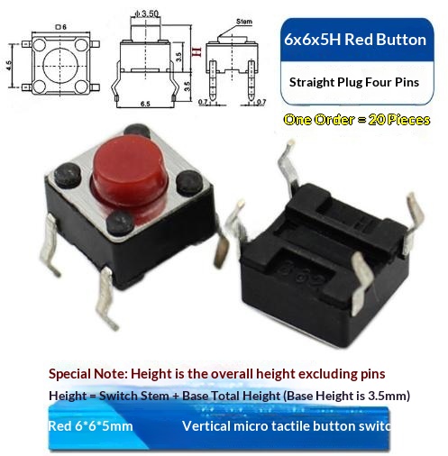 Red 6 x 6 x 4.3 mm micro touch button - Red-1PC
