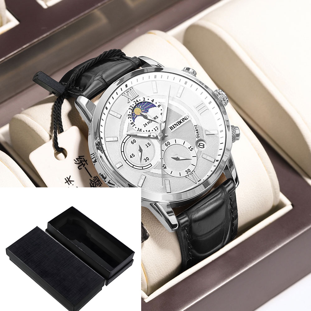 Multifunctional chronograph quartz watch with brown or black band and rose gold details - Black White Set