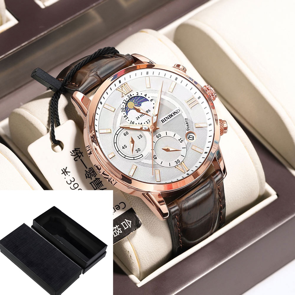 Multifunctional chronograph quartz watch with brown or black band and rose gold details - Brown White Set