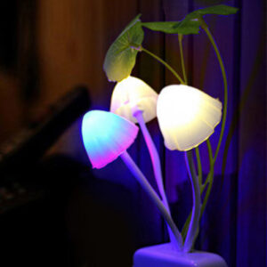 White mushroom LED night light with three colorful glowing mushrooms and leafy plant details - Main product view