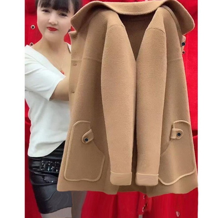 Women's short woolen coat in a solid color with a loose fit - Khaki-3XL
