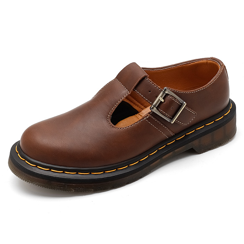 Brown T-strap Mary Jane shoes with pointed toe and low heel - Brown-35