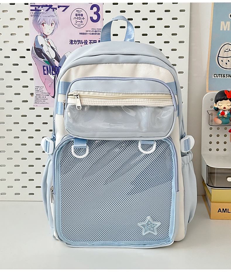 Women’s nylon backpack with solid-color patchwork design and curved shoulder straps - blue-single pack