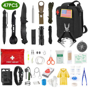 47-piece emergency survival kit with first aid supplies and outdoor tools in a portable pouch - Main product view