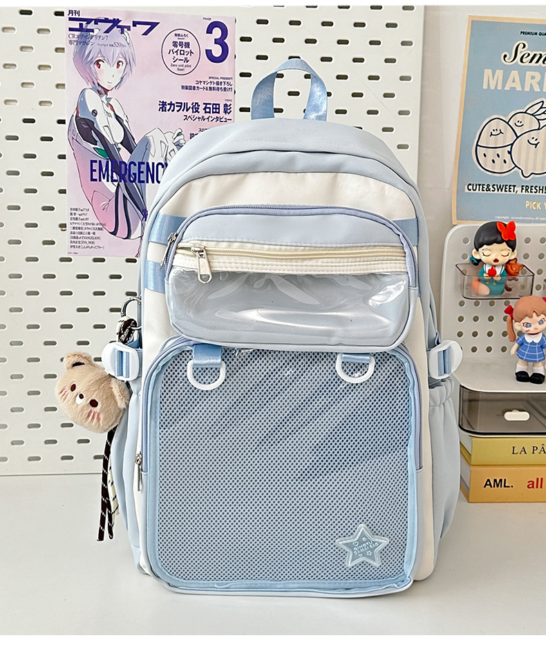 Women’s nylon backpack with solid-color patchwork design and curved shoulder straps - blue-Including pendants