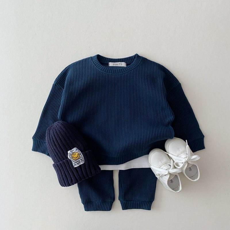 Cotton baby and kids two-piece trouser set with long-sleeve pullover top - Blue suit-100cm