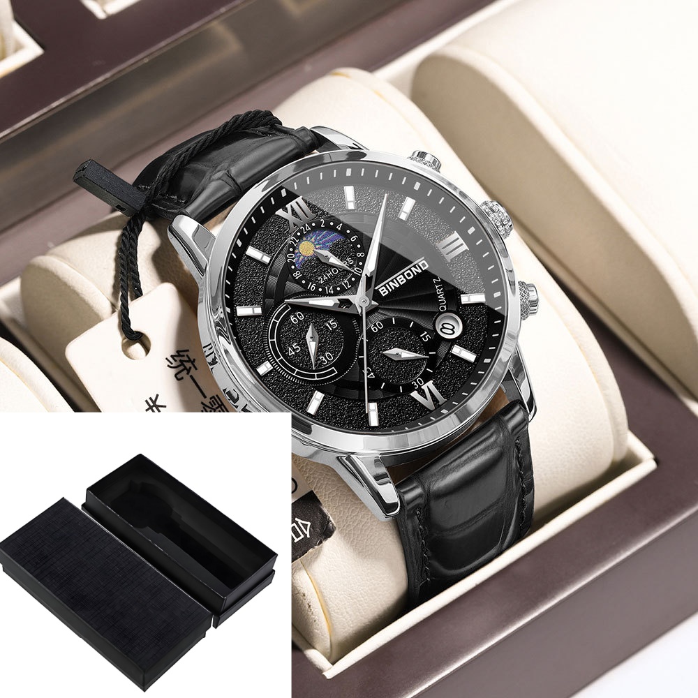 Multifunctional chronograph quartz watch with brown or black band and rose gold details - Black White Black Set