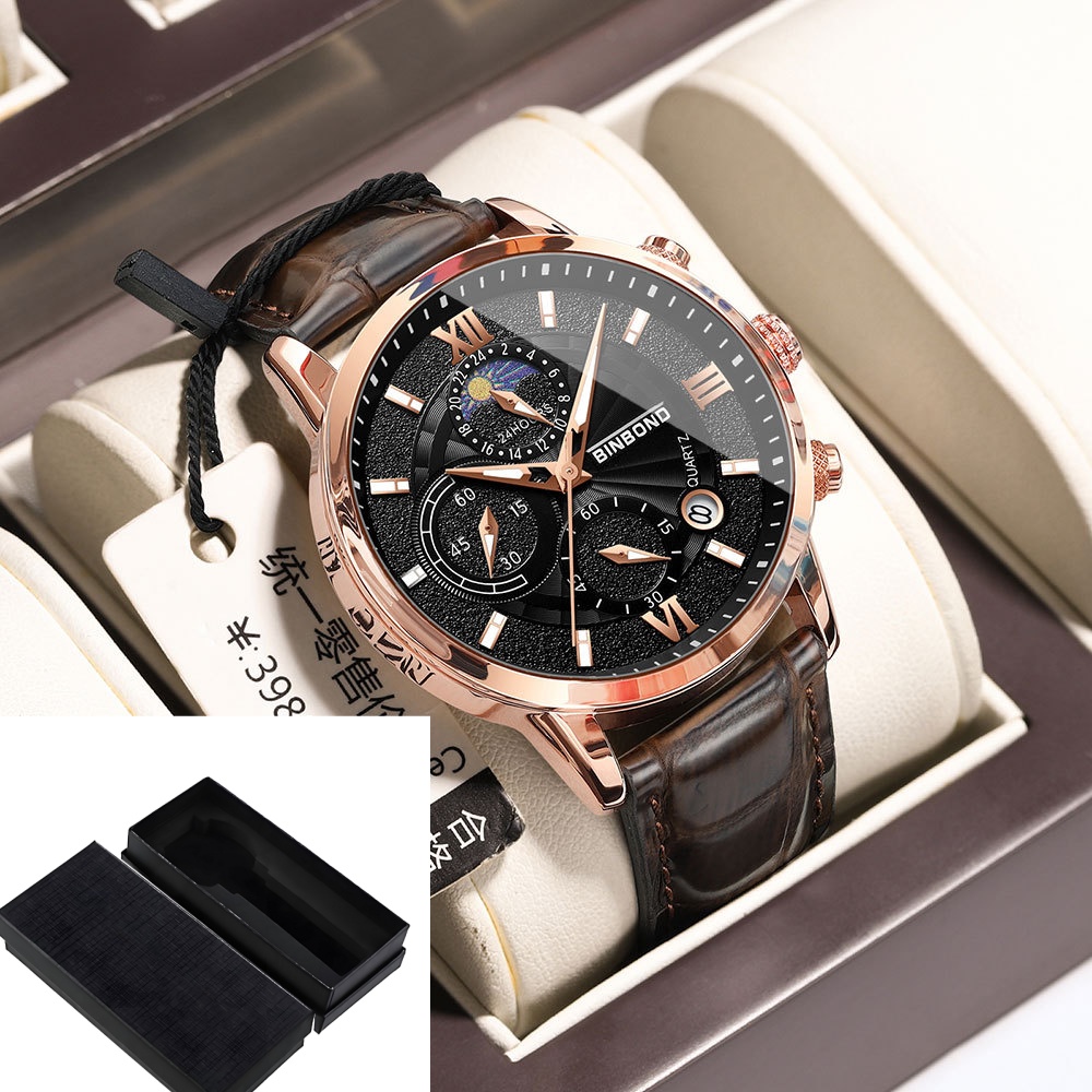 Multifunctional chronograph quartz watch with brown or black band and rose gold details - Brown Black Set