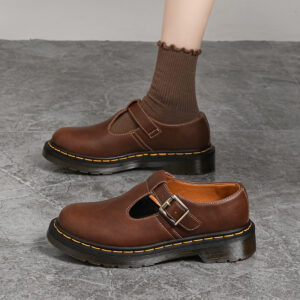 Brown T-strap Mary Jane shoes with pointed toe and low heel - Main product view